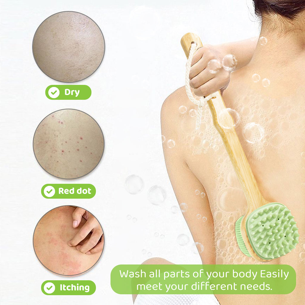 MAYCREATE Bath Brush 12.8 Inches Double Sided Silicone Body Massager Brush Back Scrubber Brush Wooden Handle Body Exfoliation Bathing Brush, Green MAYCREATE Bath Brush 12.8 Inches Double Sided Silicone Body Massager Brush Back Scrubber Brush Wooden Handle Body Exfoliation Bathing Brush, Green